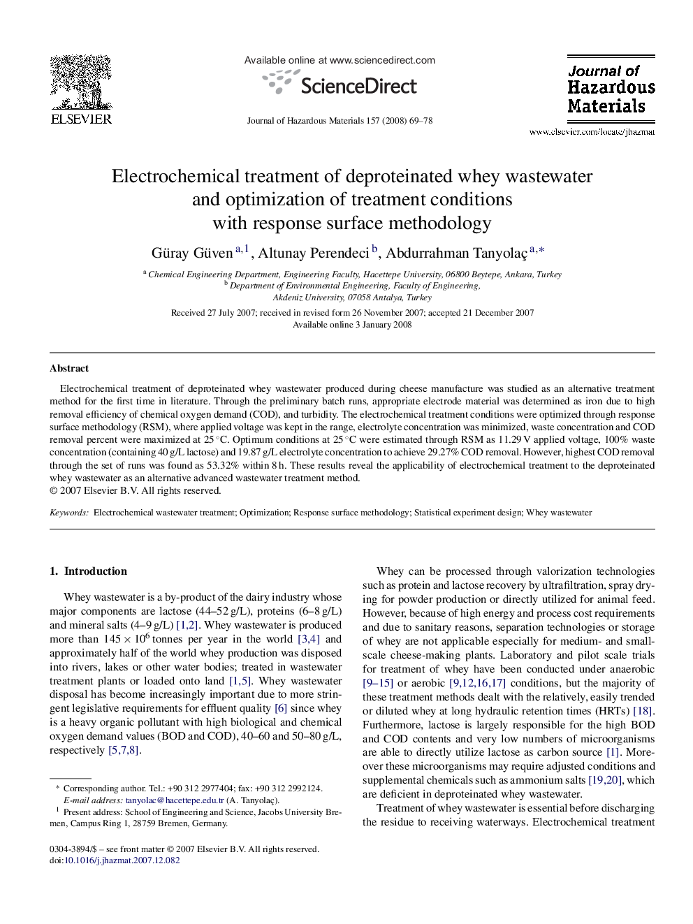 Electrochemical treatment of deproteinated whey wastewater and optimization of treatment conditions with response surface methodology