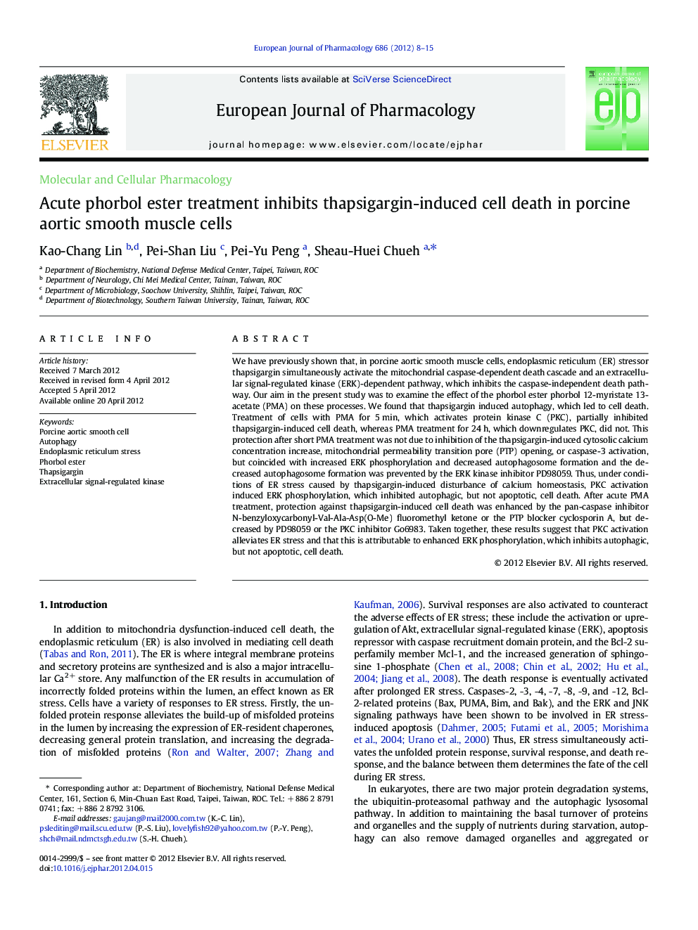 Molecular and Cellular PharmacologyAcute phorbol ester treatment inhibits thapsigargin-induced cell death in porcine aortic smooth muscle cells