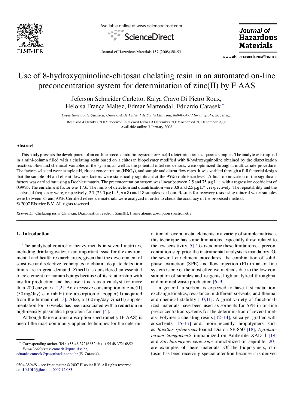 Use of 8-hydroxyquinoline-chitosan chelating resin in an automated on-line preconcentration system for determination of zinc(II) by F AAS