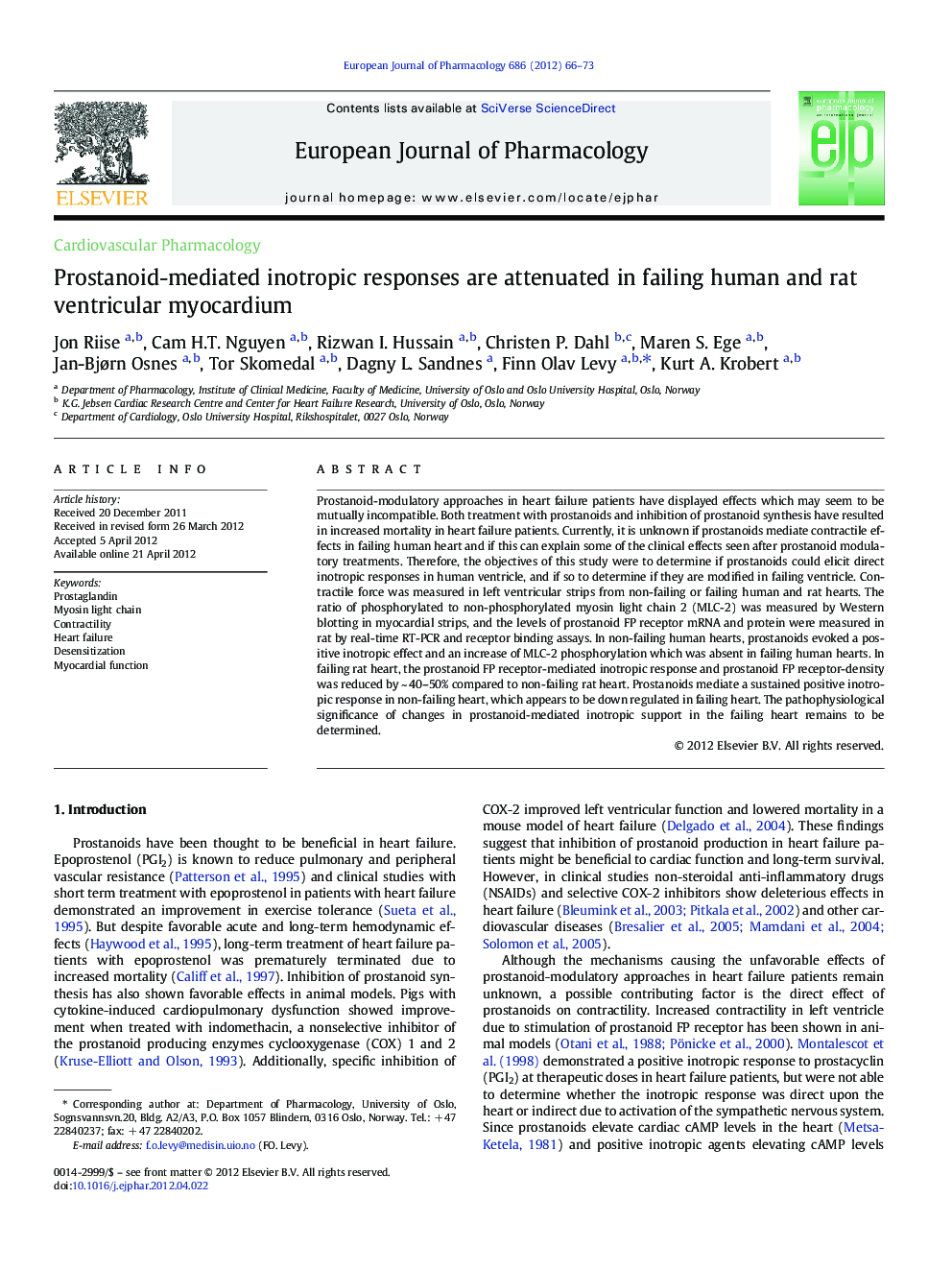 Cardiovascular PharmacologyProstanoid-mediated inotropic responses are attenuated in failing human and rat ventricular myocardium