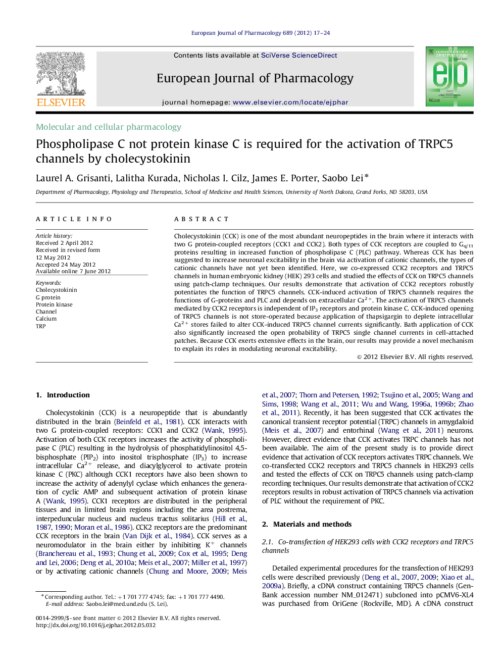 Phospholipase C not protein kinase C is required for the activation of TRPC5 channels by cholecystokinin