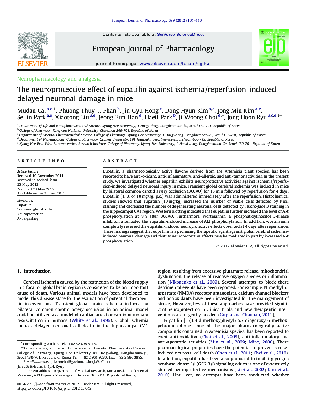 The neuroprotective effect of eupatilin against ischemia/reperfusion-induced delayed neuronal damage in mice