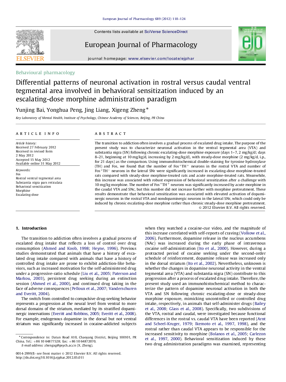 Differential patterns of neuronal activation in rostral versus caudal ventral tegmental area involved in behavioral sensitization induced by an escalating-dose morphine administration paradigm