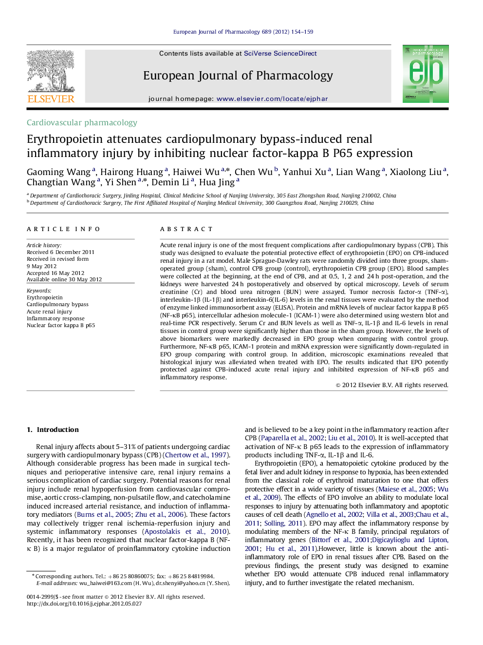 Erythropoietin attenuates cardiopulmonary bypass-induced renal inflammatory injury by inhibiting nuclear factor-kappa B P65 expression