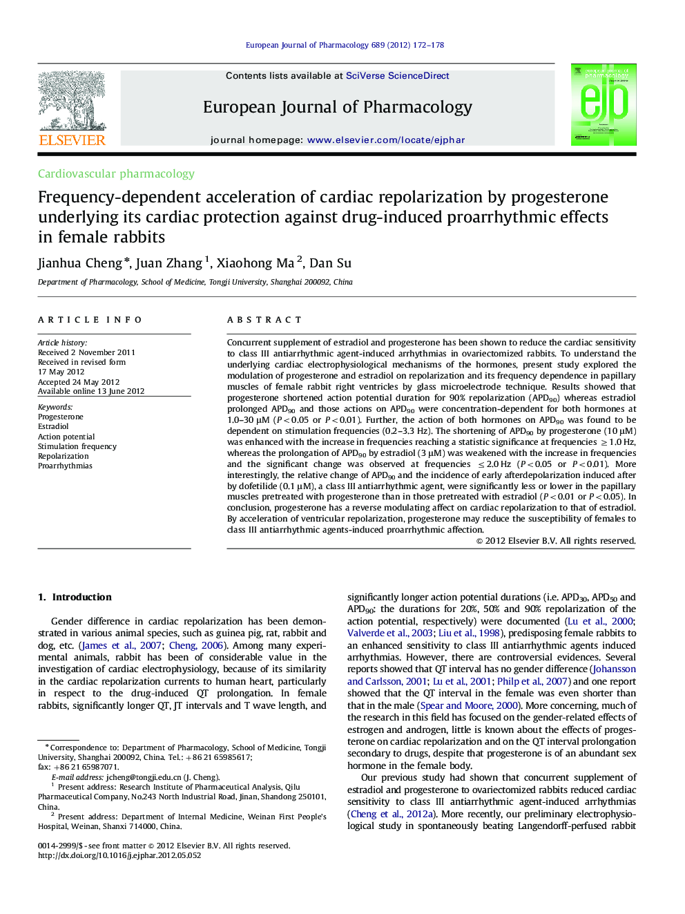 Frequency-dependent acceleration of cardiac repolarization by progesterone underlying its cardiac protection against drug-induced proarrhythmic effects in female rabbits