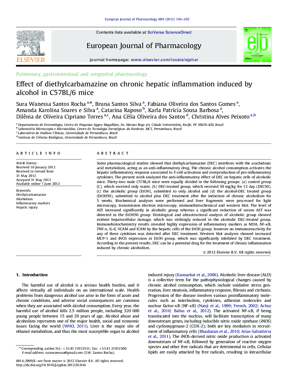 Effect of diethylcarbamazine on chronic hepatic inflammation induced by alcohol in C57BL/6 mice