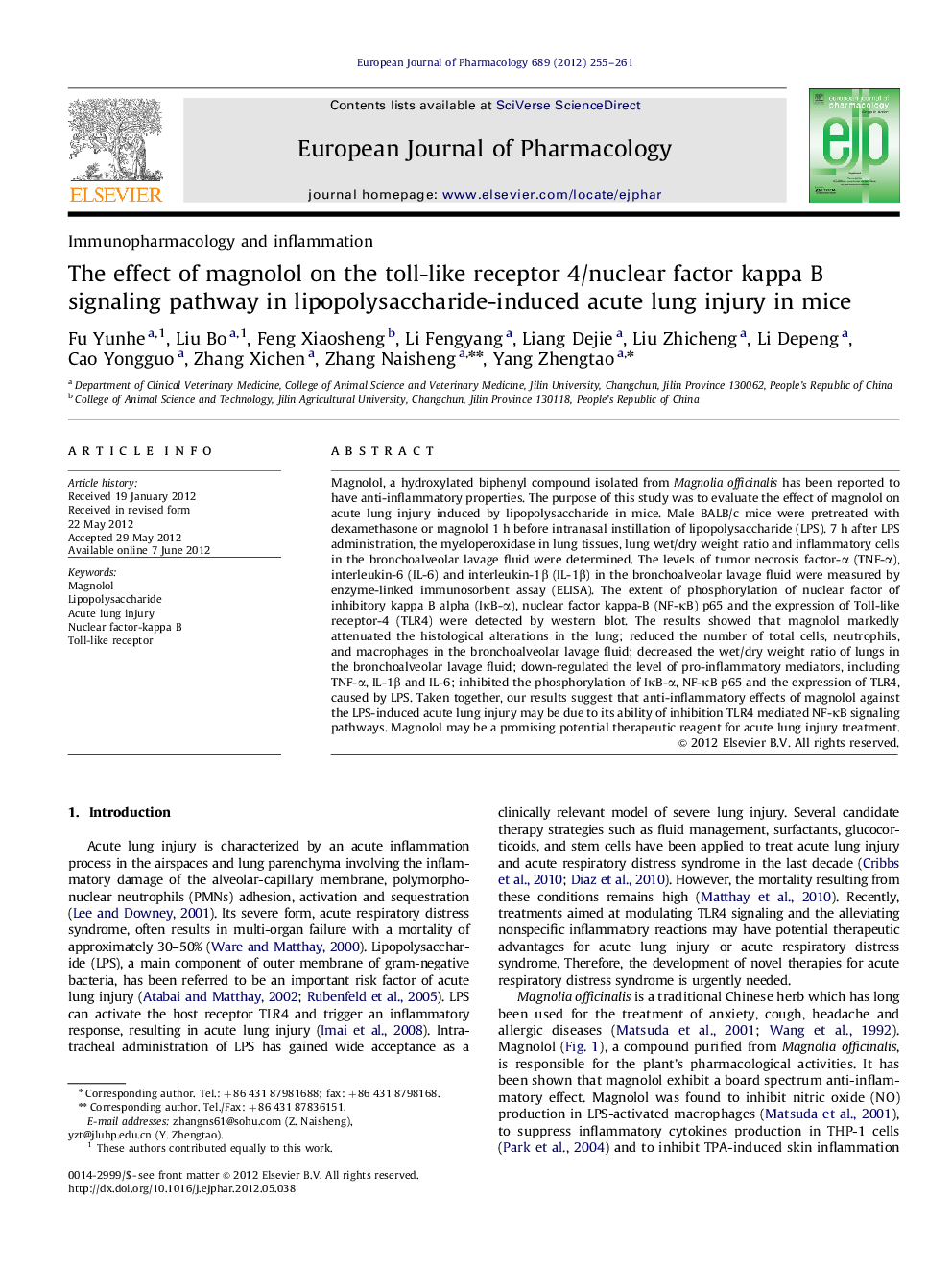 The effect of magnolol on the toll-like receptor 4/nuclear factor kappa B signaling pathway in lipopolysaccharide-induced acute lung injury in mice