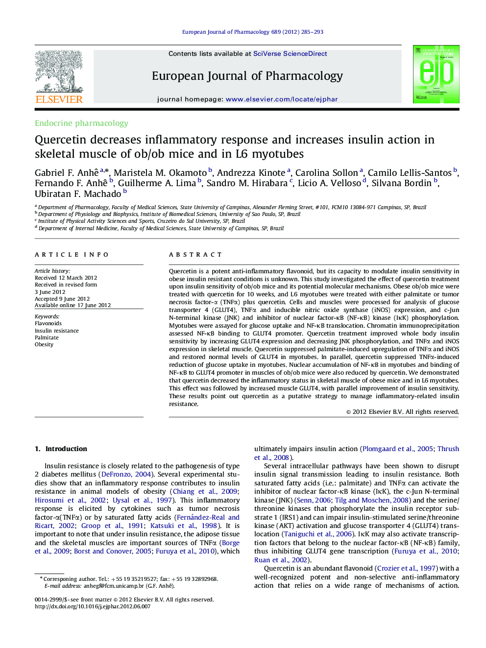 Quercetin decreases inflammatory response and increases insulin action in skeletal muscle of ob/ob mice and in L6 myotubes