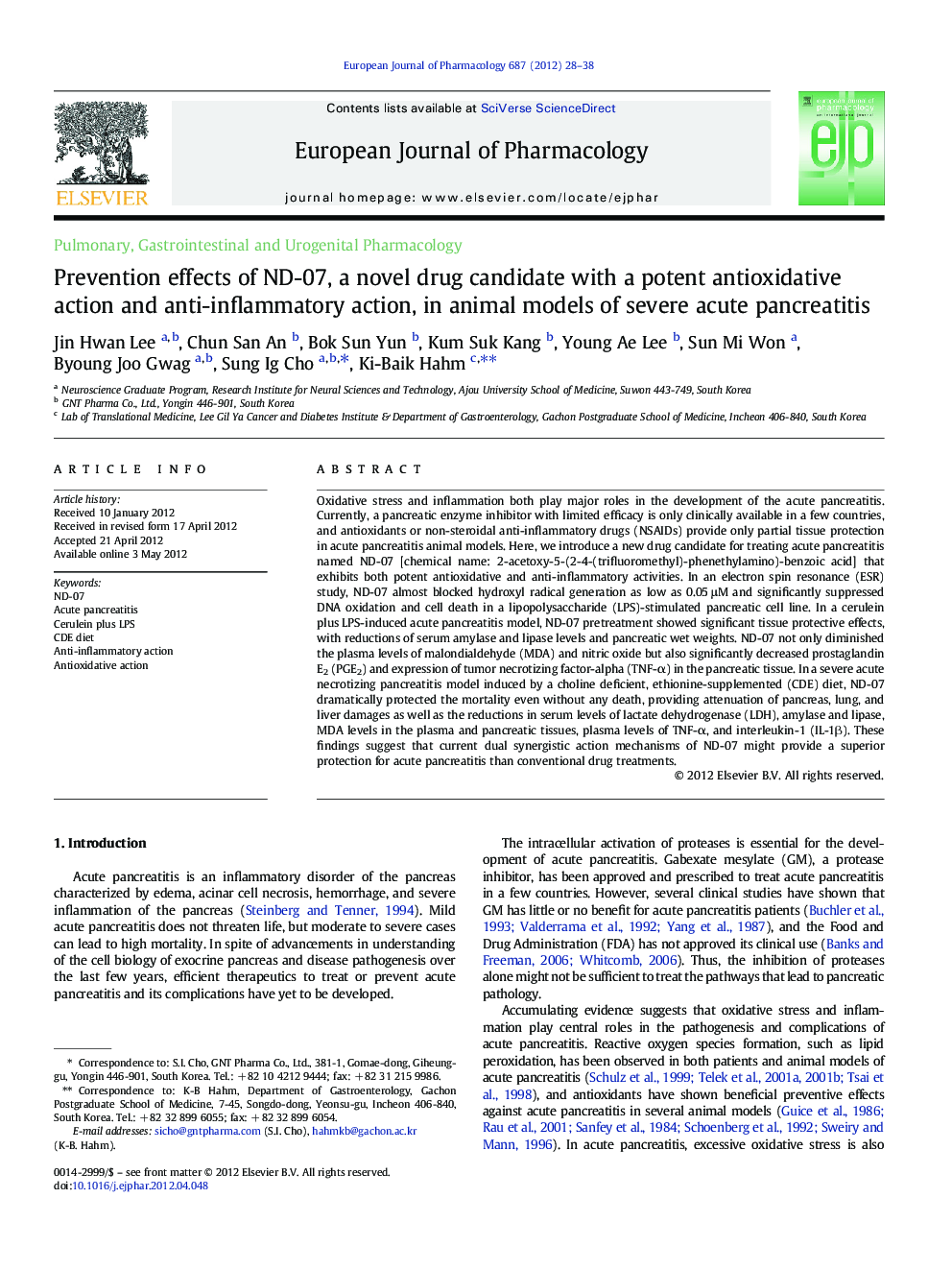 Pulmonary, Gastrointestinal and Urogenital PharmacologyPrevention effects of ND-07, a novel drug candidate with a potent antioxidative action and anti-inflammatory action, in animal models of severe acute pancreatitis