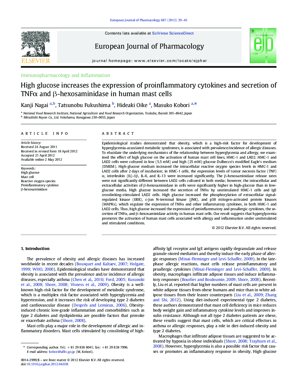 High glucose increases the expression of proinflammatory cytokines and secretion of TNFÎ± and Î²-hexosaminidase in human mast cells