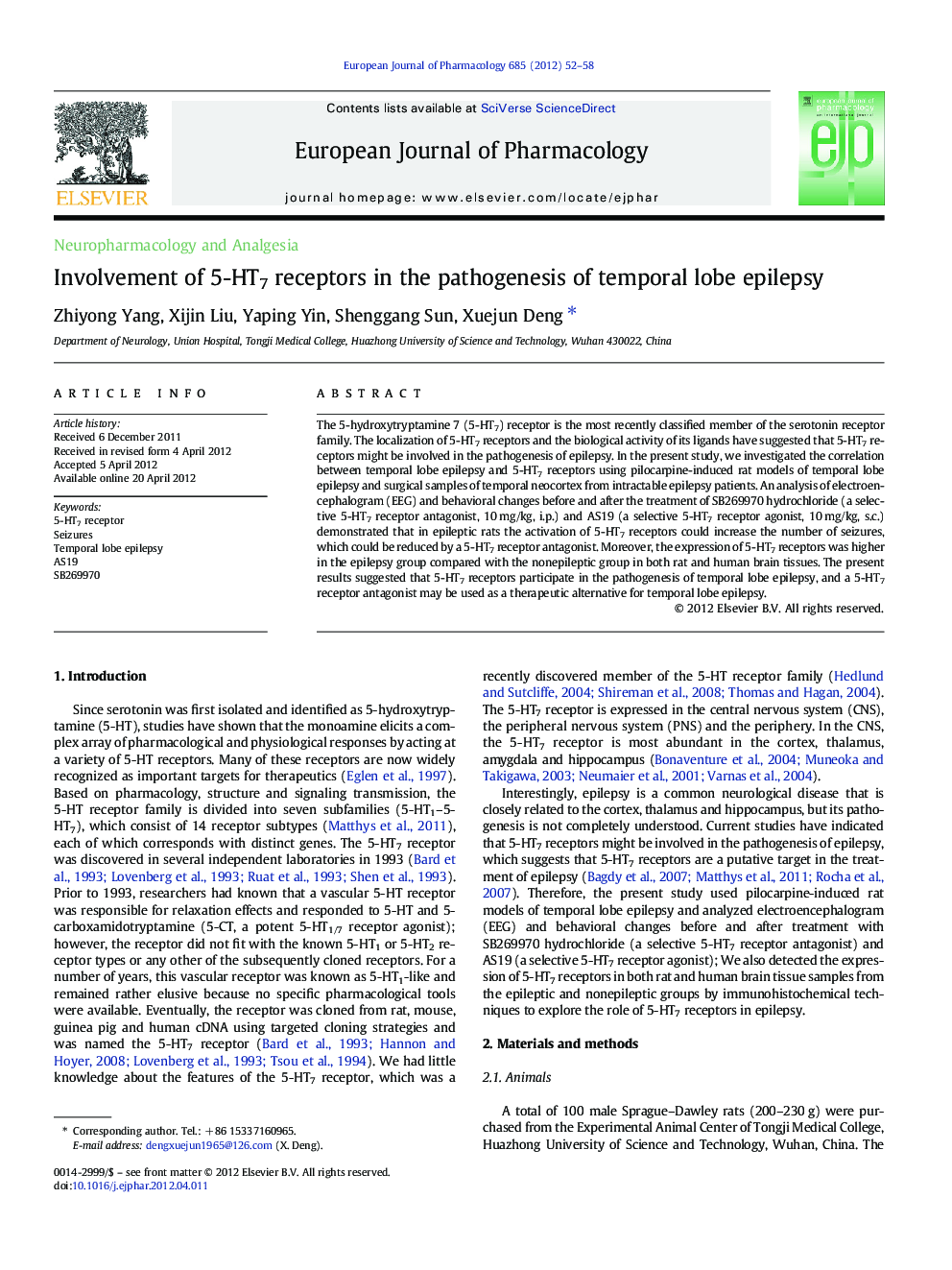 Involvement of 5-HT7 receptors in the pathogenesis of temporal lobe epilepsy