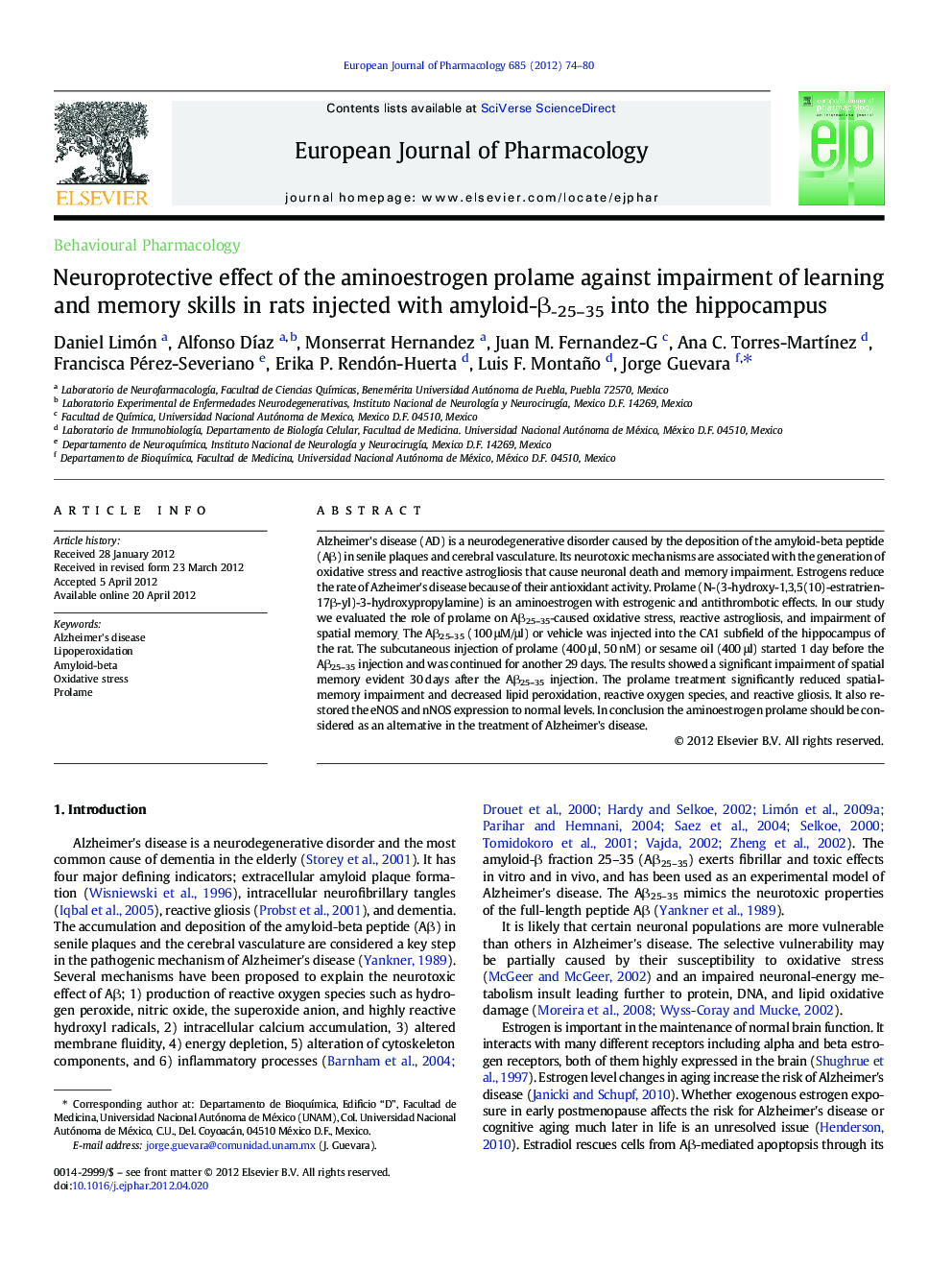 Neuroprotective effect of the aminoestrogen prolame against impairment of learning and memory skills in rats injected with amyloid-Î²-25-35 into the hippocampus