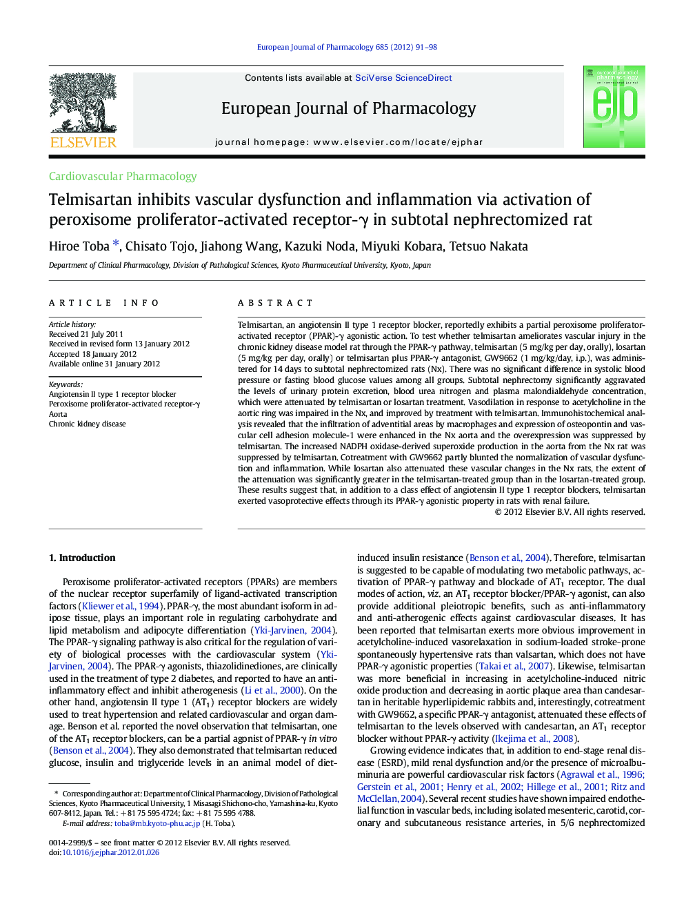 Cardiovascular PharmacologyTelmisartan inhibits vascular dysfunction and inflammation via activation of peroxisome proliferator-activated receptor-Î³ in subtotal nephrectomized rat