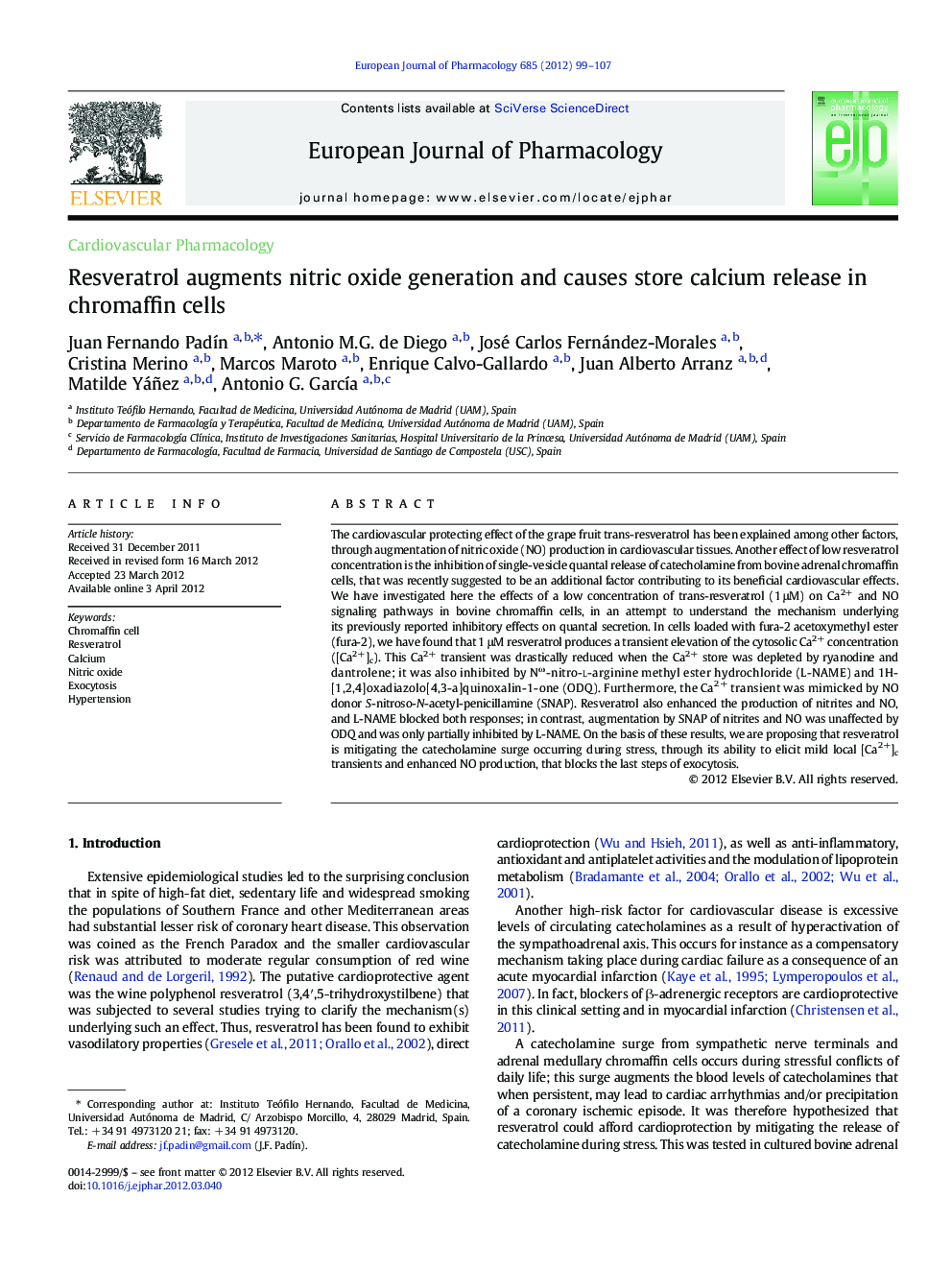 Resveratrol augments nitric oxide generation and causes store calcium release in chromaffin cells