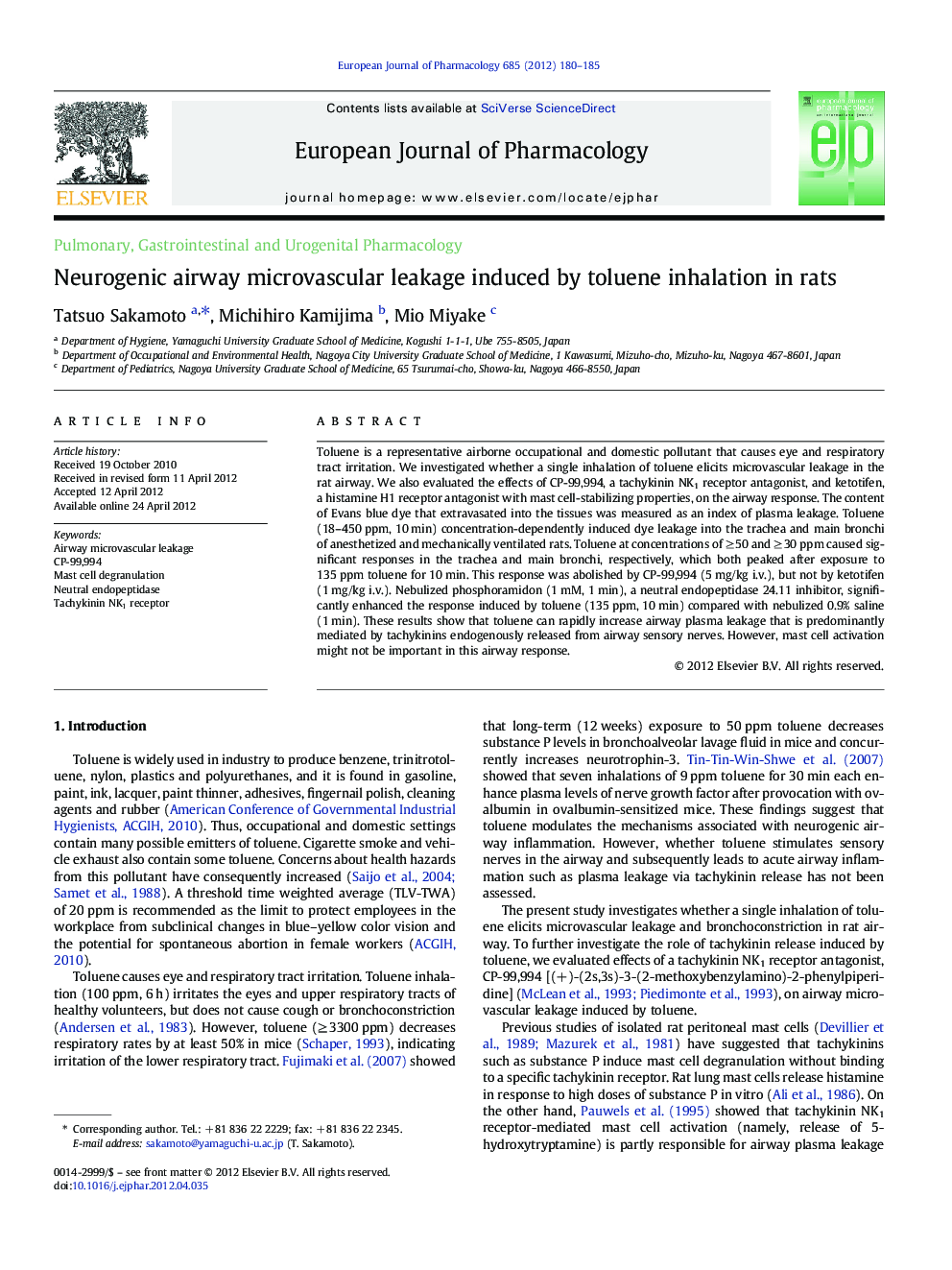 Pulmonary, Gastrointestinal and Urogenital PharmacologyNeurogenic airway microvascular leakage induced by toluene inhalation in rats