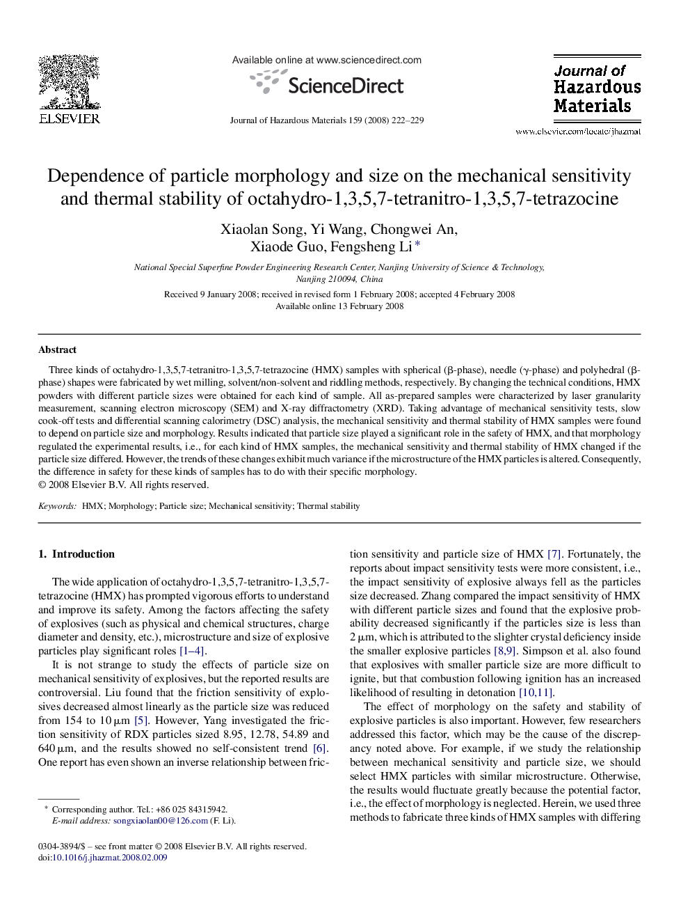 Dependence of particle morphology and size on the mechanical sensitivity and thermal stability of octahydro-1,3,5,7-tetranitro-1,3,5,7-tetrazocine