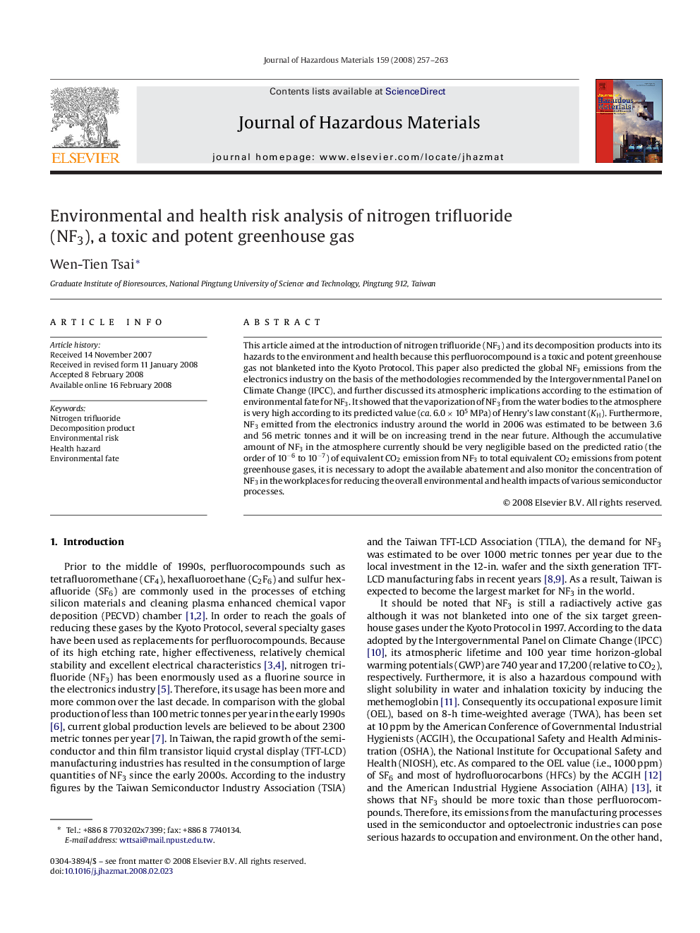 Environmental and health risk analysis of nitrogen trifluoride (NF3), a toxic and potent greenhouse gas