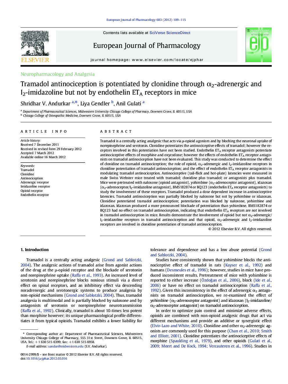 Tramadol antinociception is potentiated by clonidine through Î±2-adrenergic and I2-imidazoline but not by endothelin ETA receptors in mice