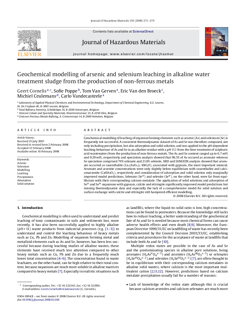 Geochemical modelling of arsenic and selenium leaching in alkaline water treatment sludge from the production of non-ferrous metals