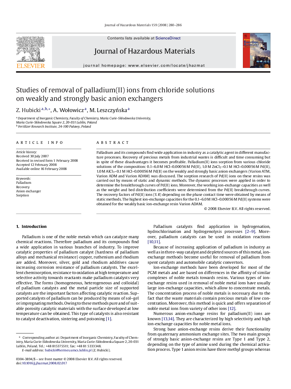 Studies of removal of palladium(II) ions from chloride solutions on weakly and strongly basic anion exchangers