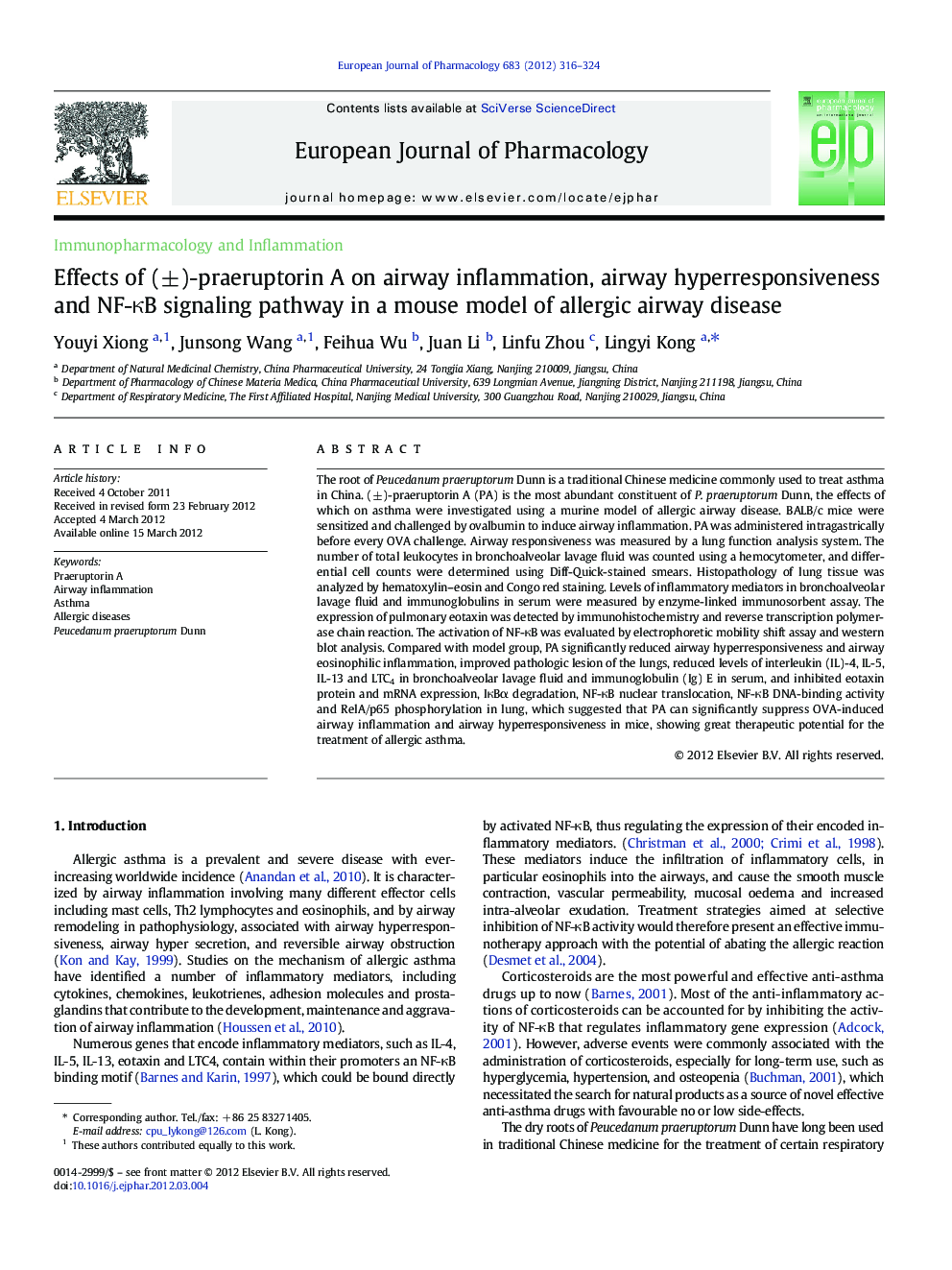 Effects of (Â±)-praeruptorin A on airway inflammation, airway hyperresponsiveness and NF-ÎºB signaling pathway in a mouse model of allergic airway disease