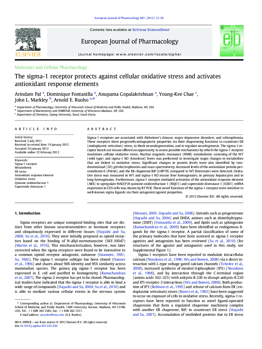 The sigma-1 receptor protects against cellular oxidative stress and activates antioxidant response elements