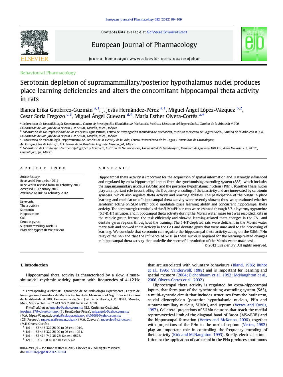 Serotonin depletion of supramammillary/posterior hypothalamus nuclei produces place learning deficiencies and alters the concomitant hippocampal theta activity in rats