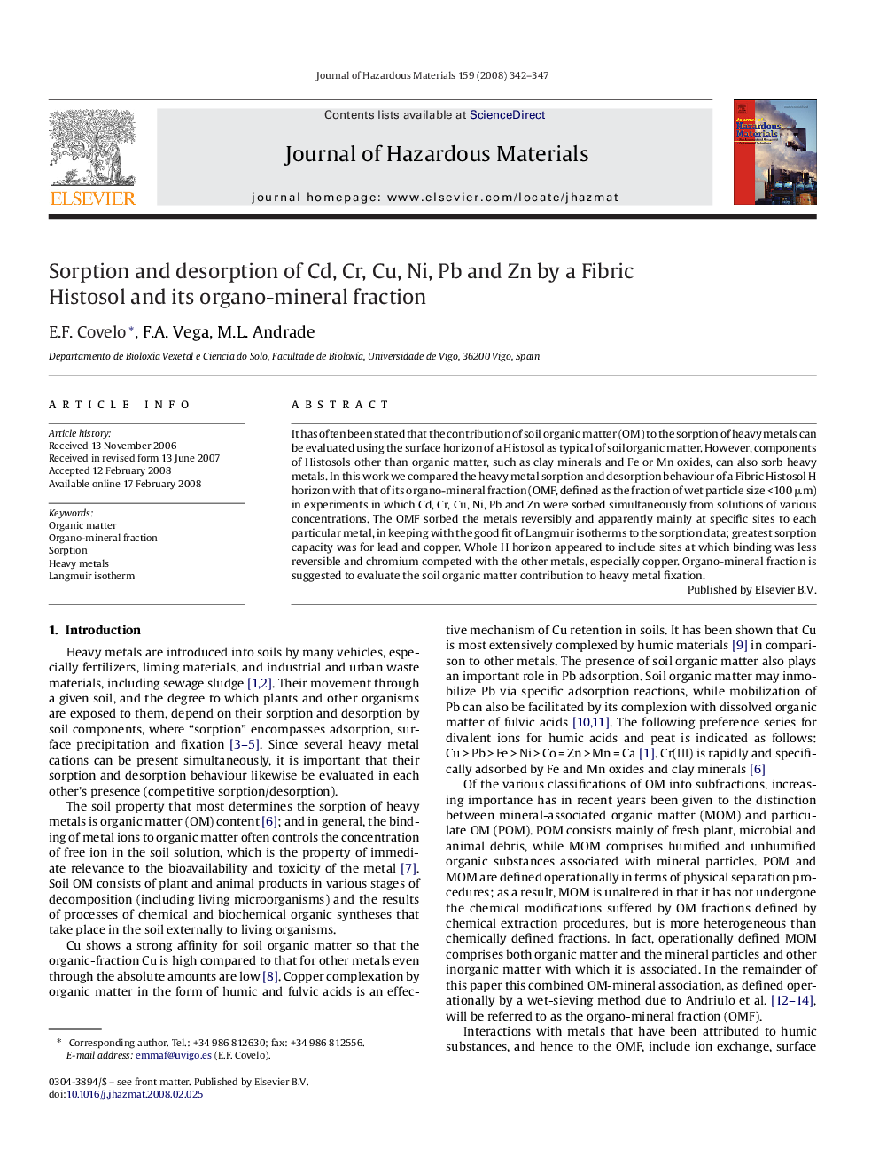 Sorption and desorption of Cd, Cr, Cu, Ni, Pb and Zn by a Fibric Histosol and its organo-mineral fraction