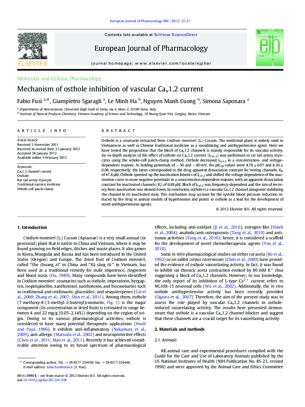 Mechanism of osthole inhibition of vascular Cav1.2 current