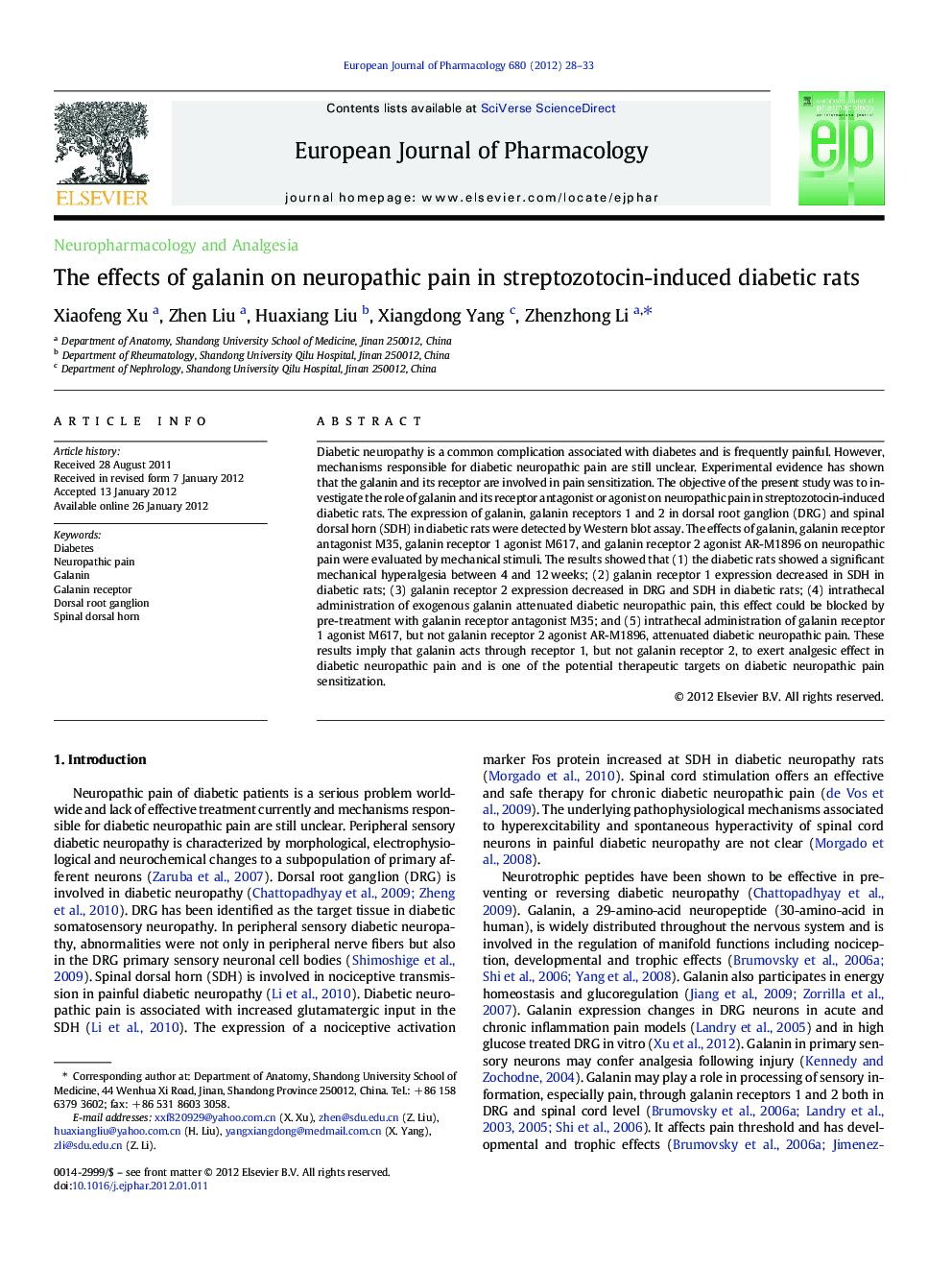 The effects of galanin on neuropathic pain in streptozotocin-induced diabetic rats