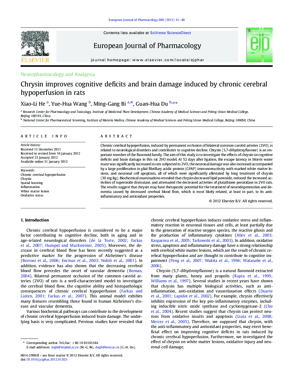 Neuropharmacology and AnalgesiaChrysin improves cognitive deficits and brain damage induced by chronic cerebral hypoperfusion in rats