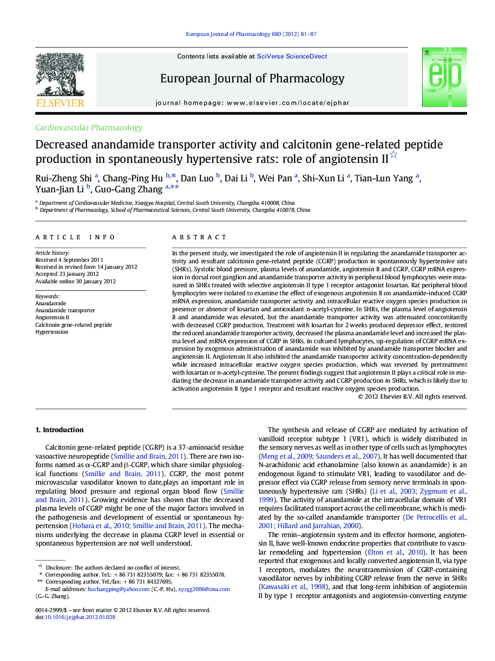 Decreased anandamide transporter activity and calcitonin gene-related peptide production in spontaneously hypertensive rats: role of angiotensin II