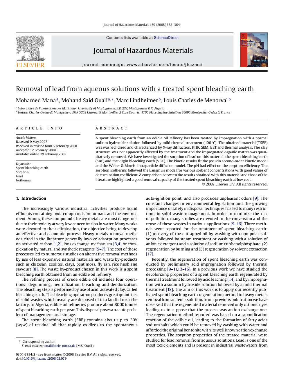 Removal of lead from aqueous solutions with a treated spent bleaching earth