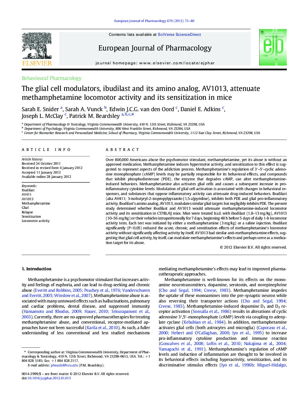 The glial cell modulators, ibudilast and its amino analog, AV1013, attenuate methamphetamine locomotor activity and its sensitization in mice