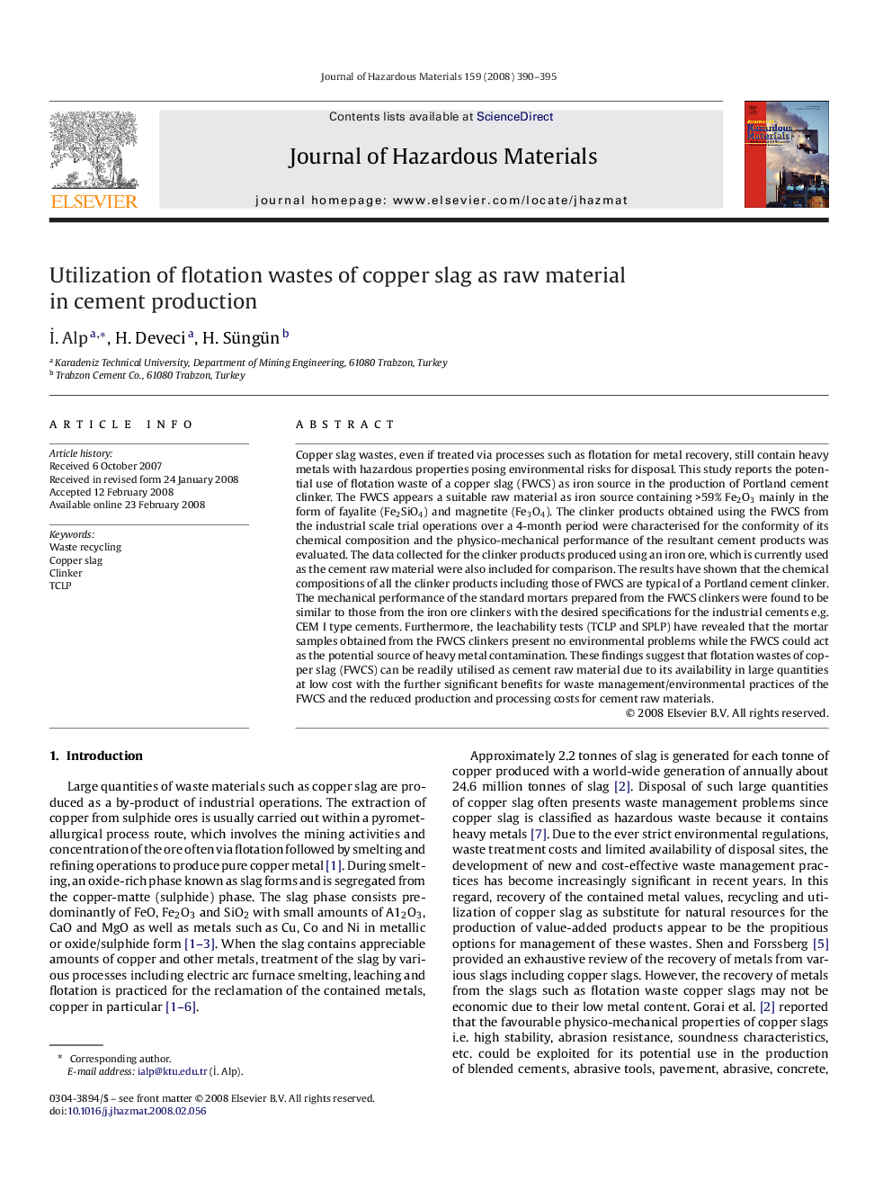 عکس صفحه اول مقاله: Utilization of flotation wastes of copper slag as raw material in cement production Utilization of flotation wastes of copper slag as raw material in cement production