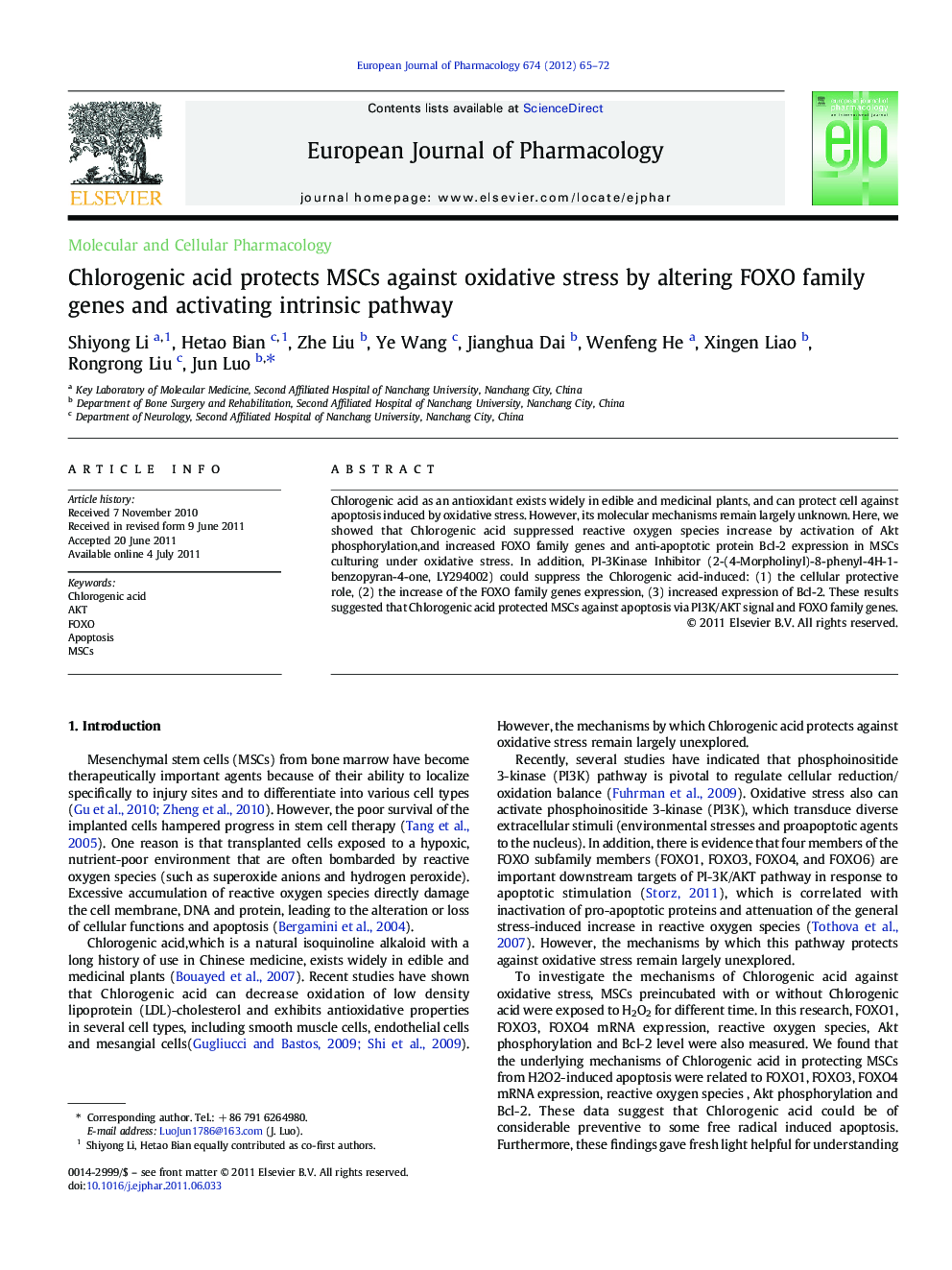 Molecular and Cellular PharmacologyChlorogenic acid protects MSCs against oxidative stress by altering FOXO family genes and activating intrinsic pathway