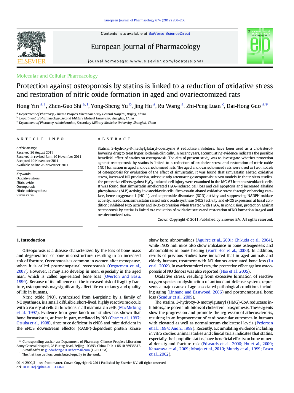 Molecular and Cellular PharmacologyProtection against osteoporosis by statins is linked to a reduction of oxidative stress and restoration of nitric oxide formation in aged and ovariectomized rats