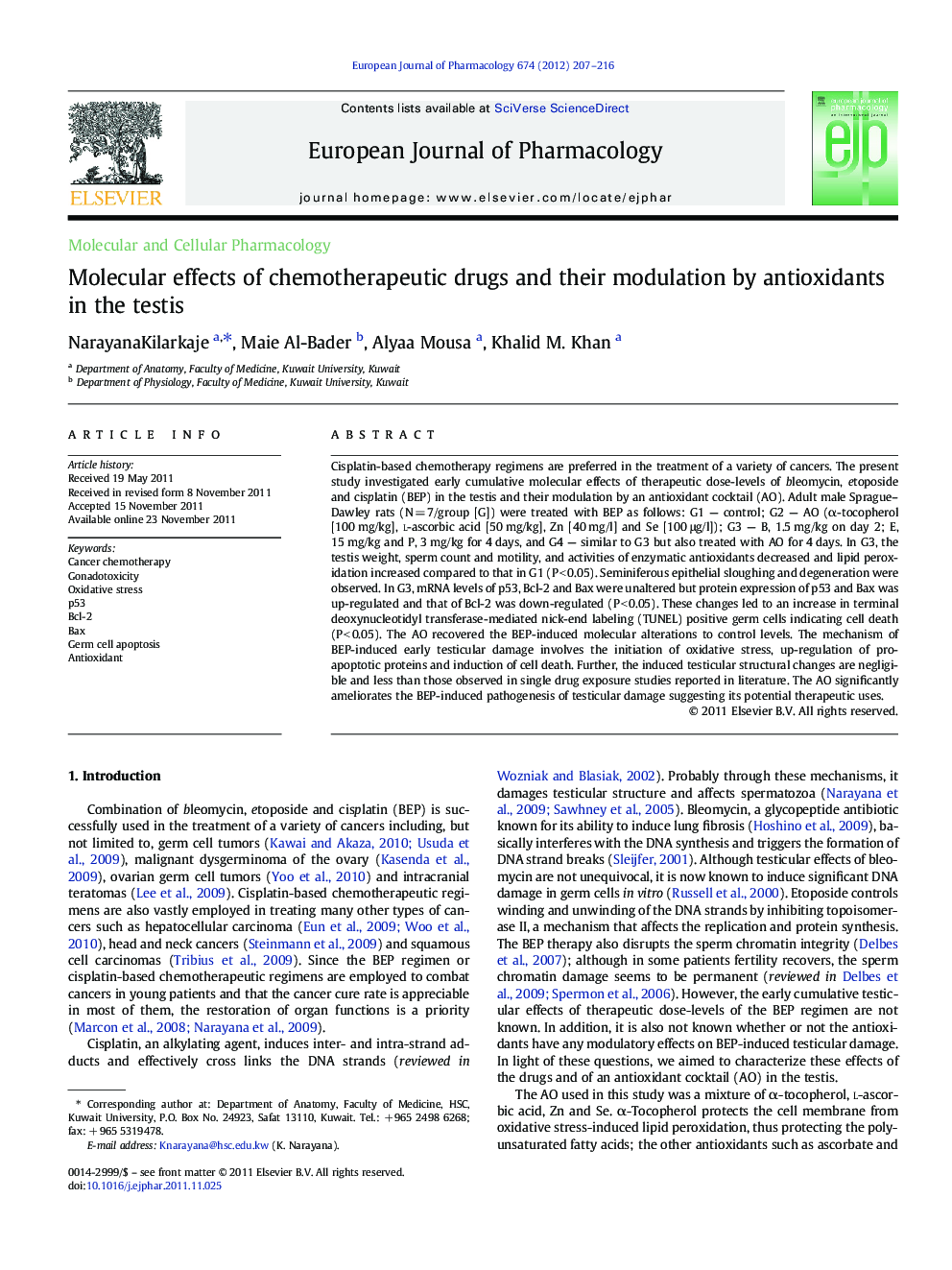 Molecular and Cellular PharmacologyMolecular effects of chemotherapeutic drugs and their modulation by antioxidants in the testis