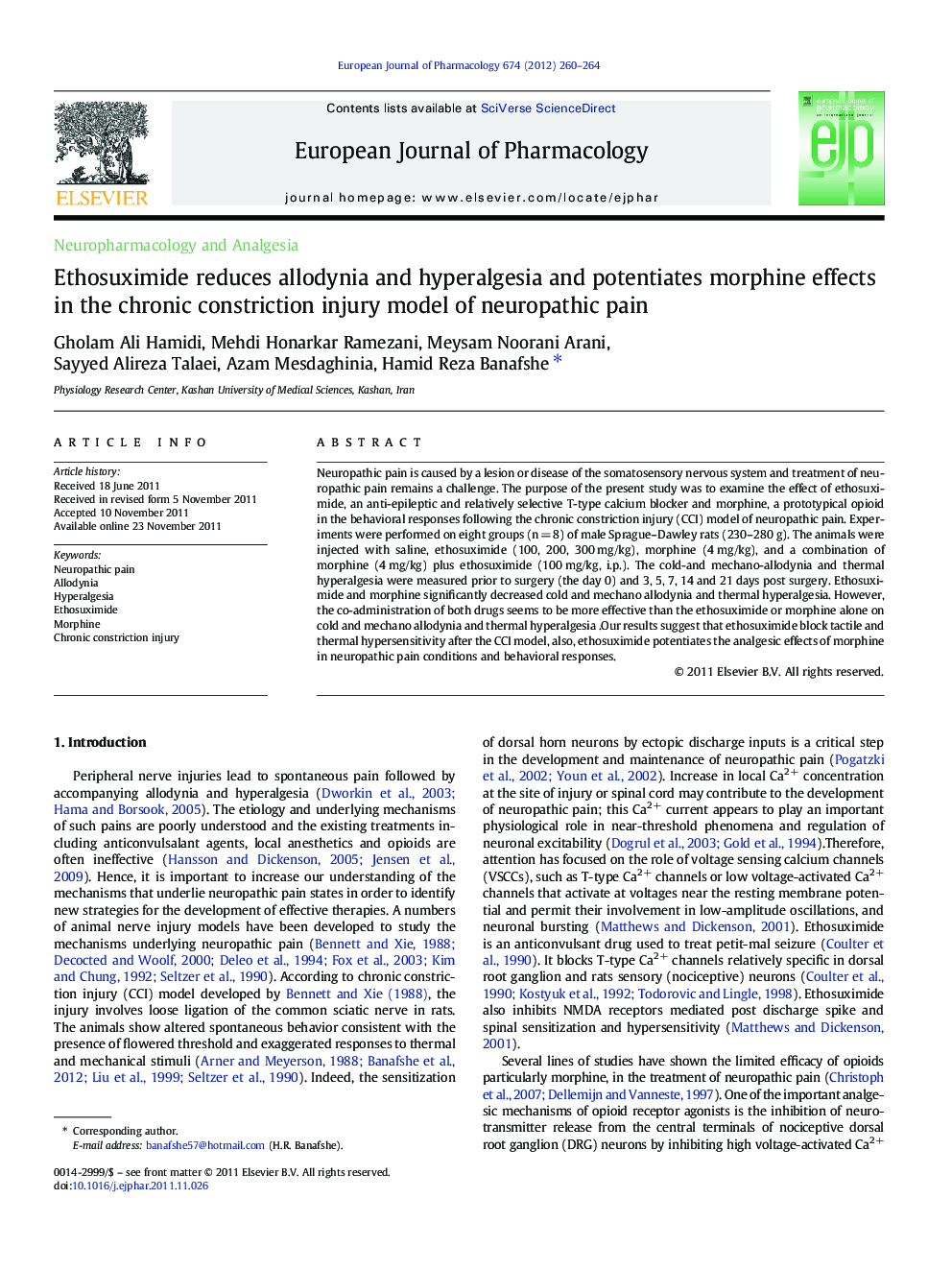 Neuropharmacology and AnalgesiaEthosuximide reduces allodynia and hyperalgesia and potentiates morphine effects in the chronic constriction injury model of neuropathic pain