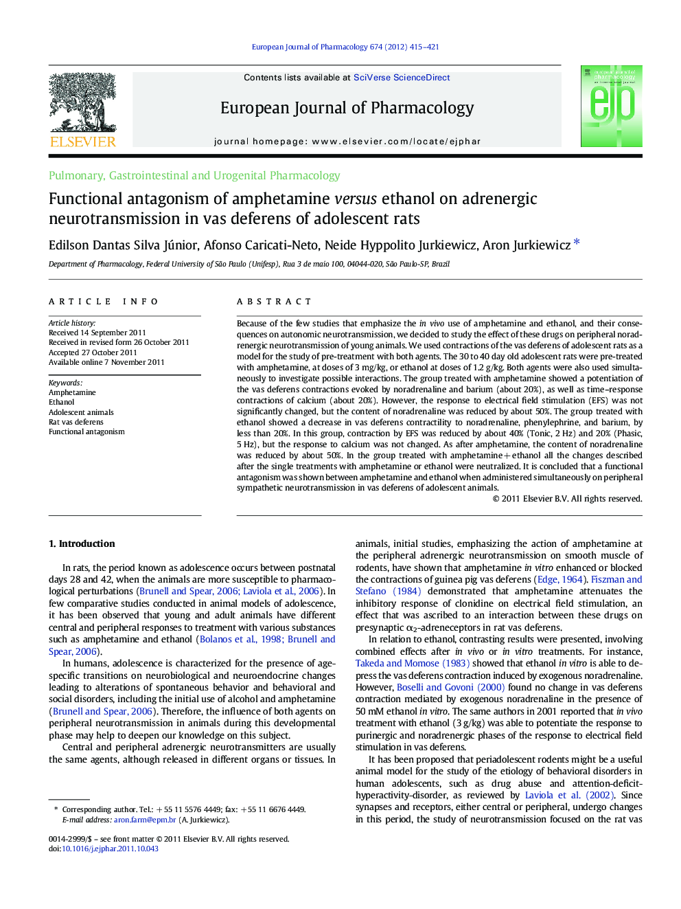 Functional antagonism of amphetamine versus ethanol on adrenergic neurotransmission in vas deferens of adolescent rats