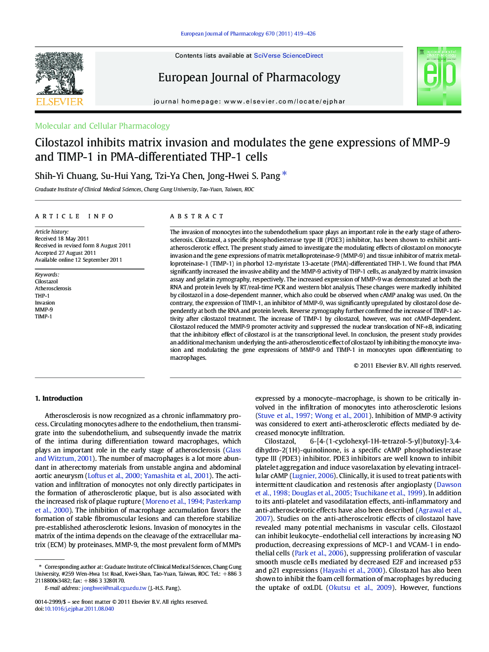 Cilostazol inhibits matrix invasion and modulates the gene expressions of MMP-9 and TIMP-1 in PMA-differentiated THP-1 cells