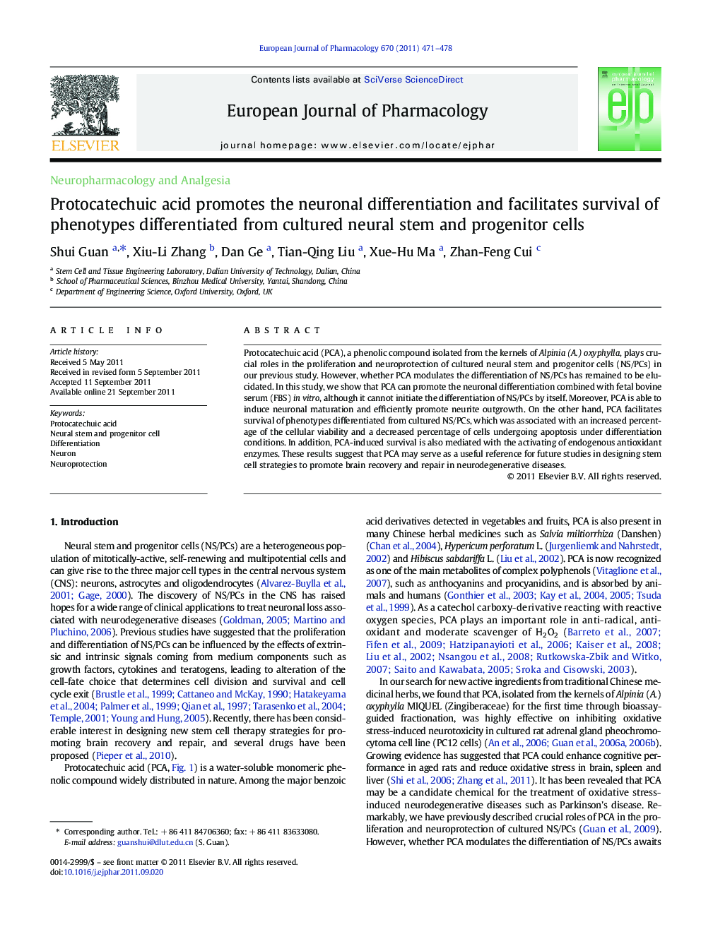 Protocatechuic acid promotes the neuronal differentiation and facilitates survival of phenotypes differentiated from cultured neural stem and progenitor cells