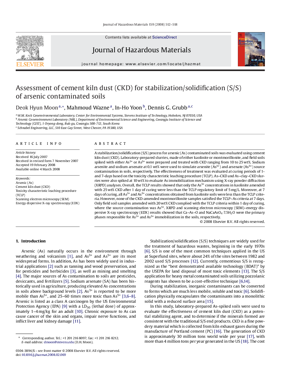 Assessment of cement kiln dust (CKD) for stabilization/solidification (S/S) of arsenic contaminated soils