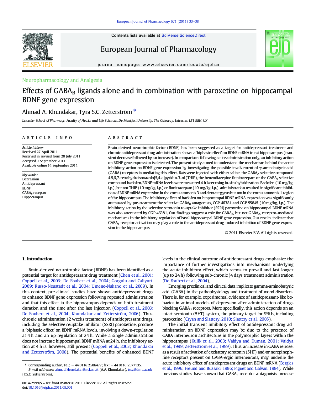 Effects of GABAB ligands alone and in combination with paroxetine on hippocampal BDNF gene expression