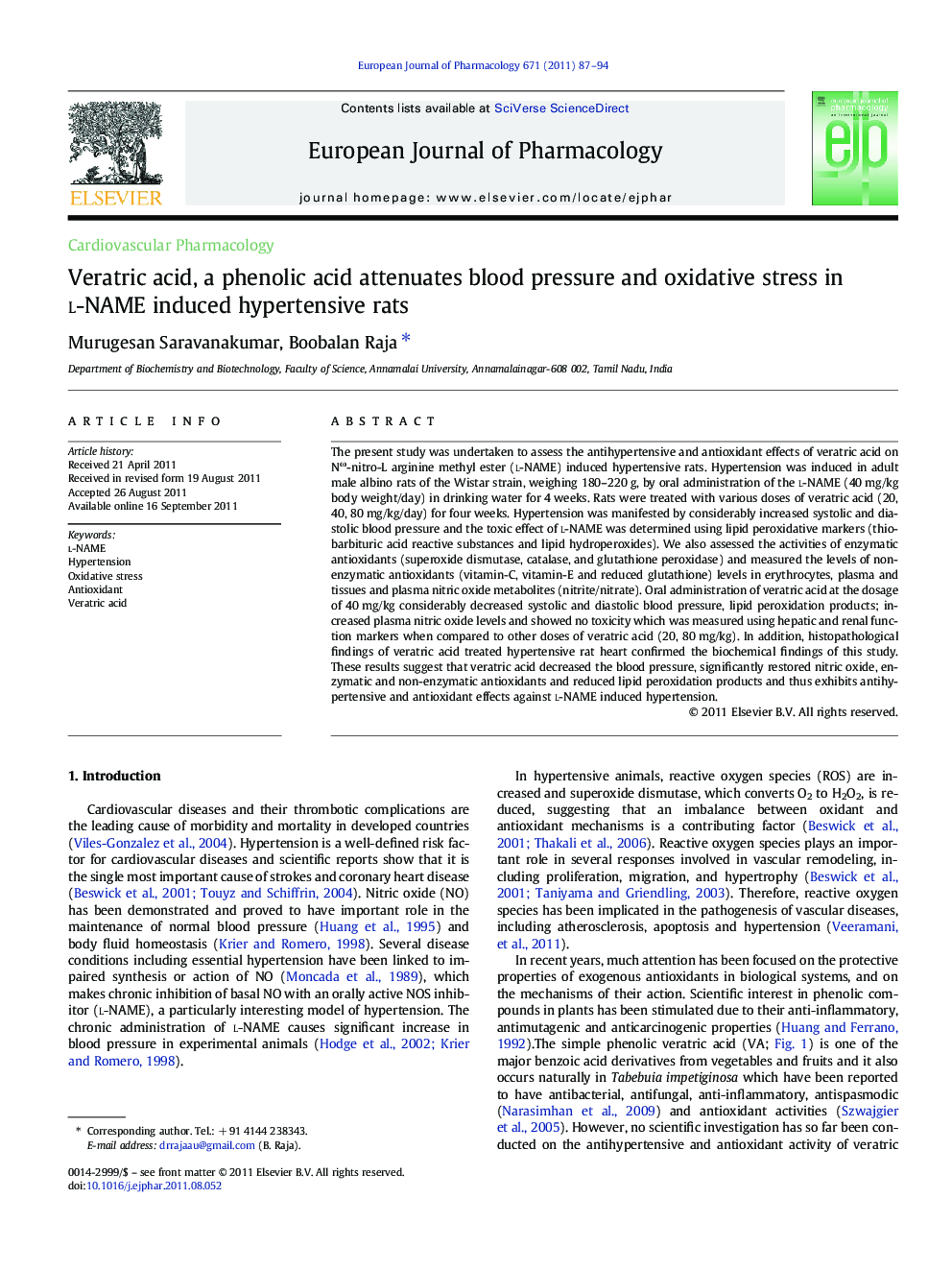 Veratric acid, a phenolic acid attenuates blood pressure and oxidative stress in l-NAME induced hypertensive rats