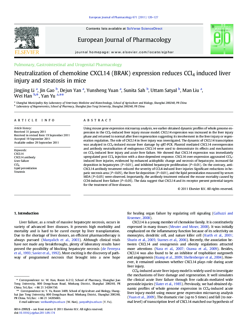 Neutralization of chemokine CXCL14 (BRAK) expression reduces CCl4 induced liver injury and steatosis in mice