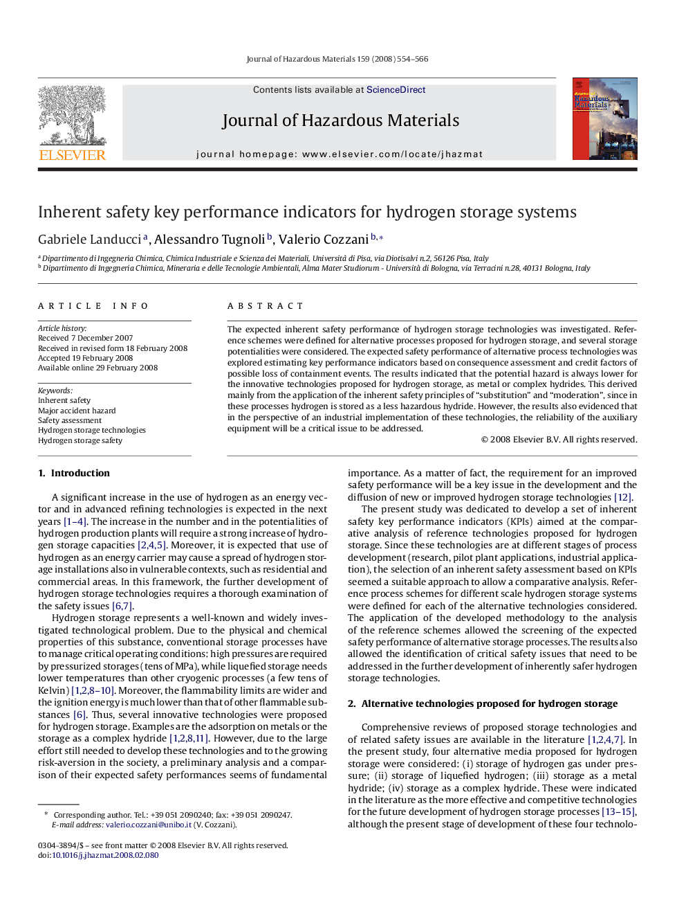 Inherent safety key performance indicators for hydrogen storage systems