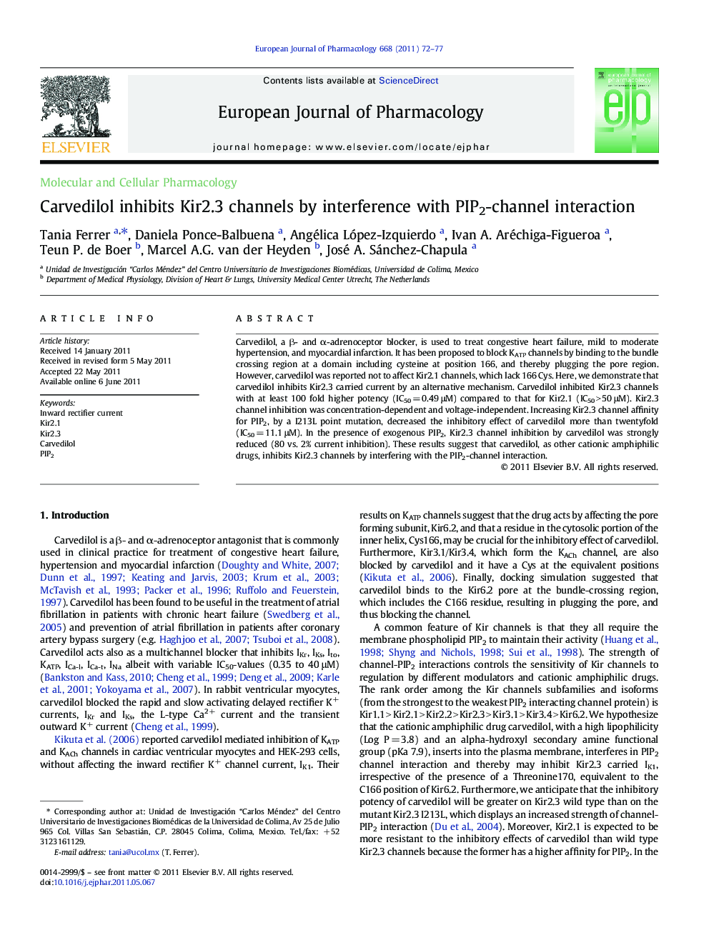 Carvedilol inhibits Kir2.3 channels by interference with PIP2-channel interaction