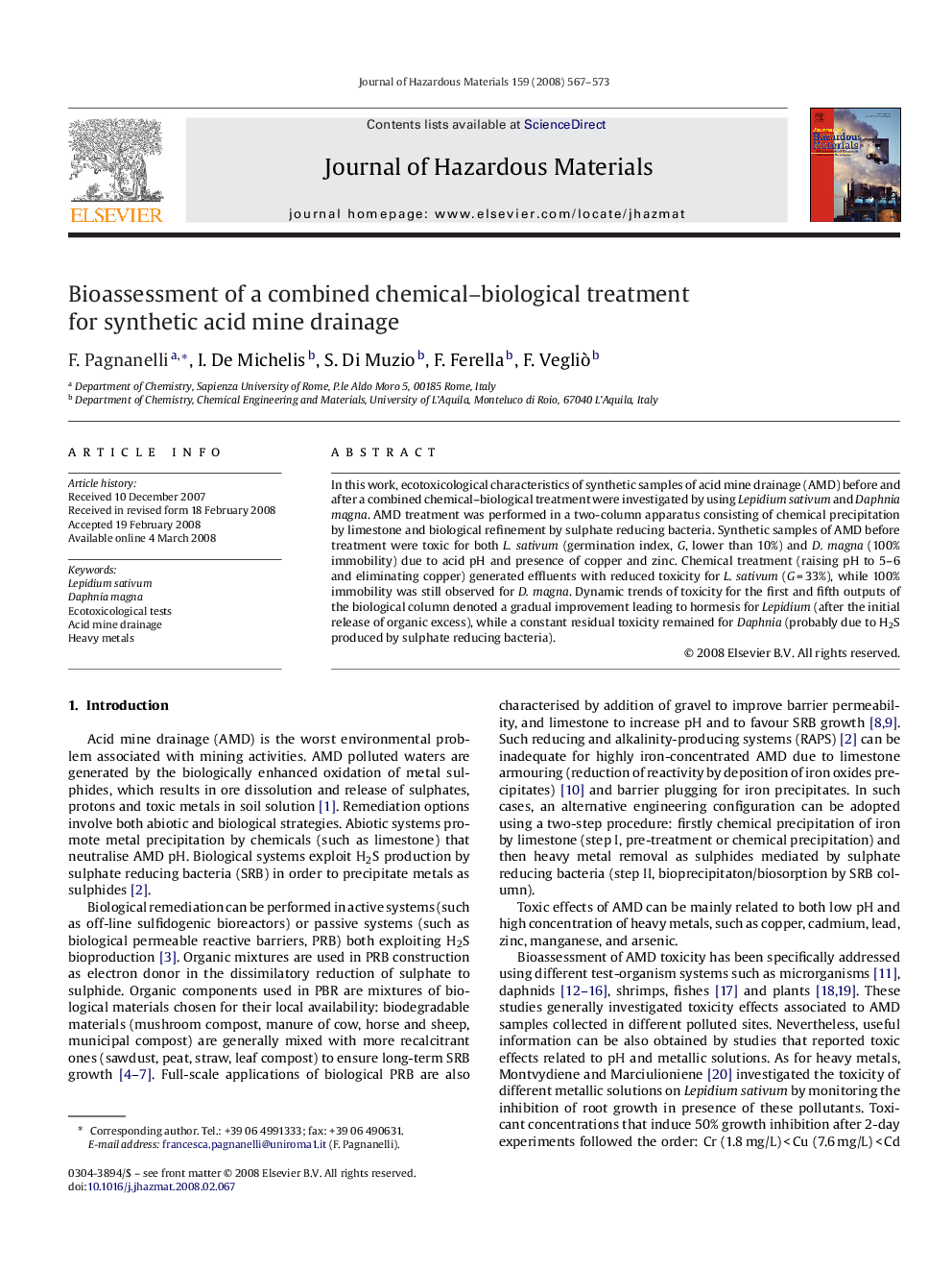 Bioassessment of a combined chemical-biological treatment for synthetic acid mine drainage