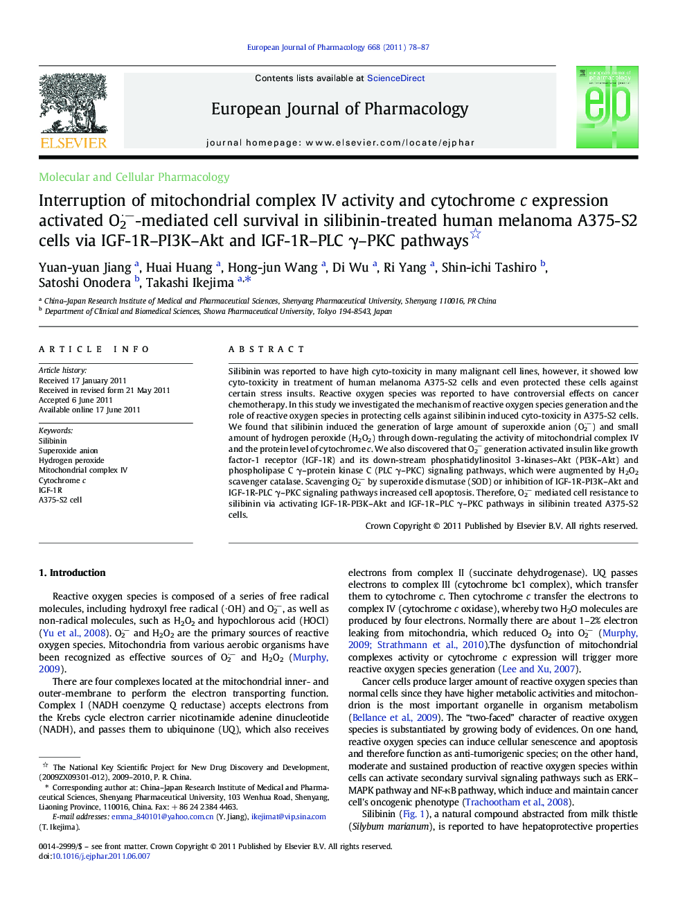 Molecular and Cellular PharmacologyInterruption of mitochondrial complex IV activity and cytochrome c expression activated O2ââ-mediated cell survival in silibinin-treated human melanoma A375-S2 cells via IGF-1R-PI3K-Akt and IGF-1R-PLC Î³-PKC 